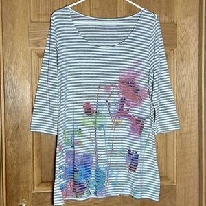 Soft Surroundings Gray White Floral Scoop Neck 3/4 Sleeve Pullover Tunic Large